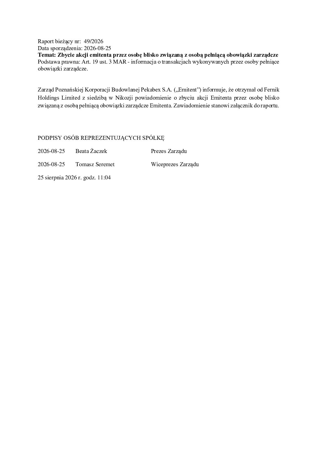 Zbycie akcji emitenta przez osobę blisko związaną z osobą pełniącą obowiązki zarządcze